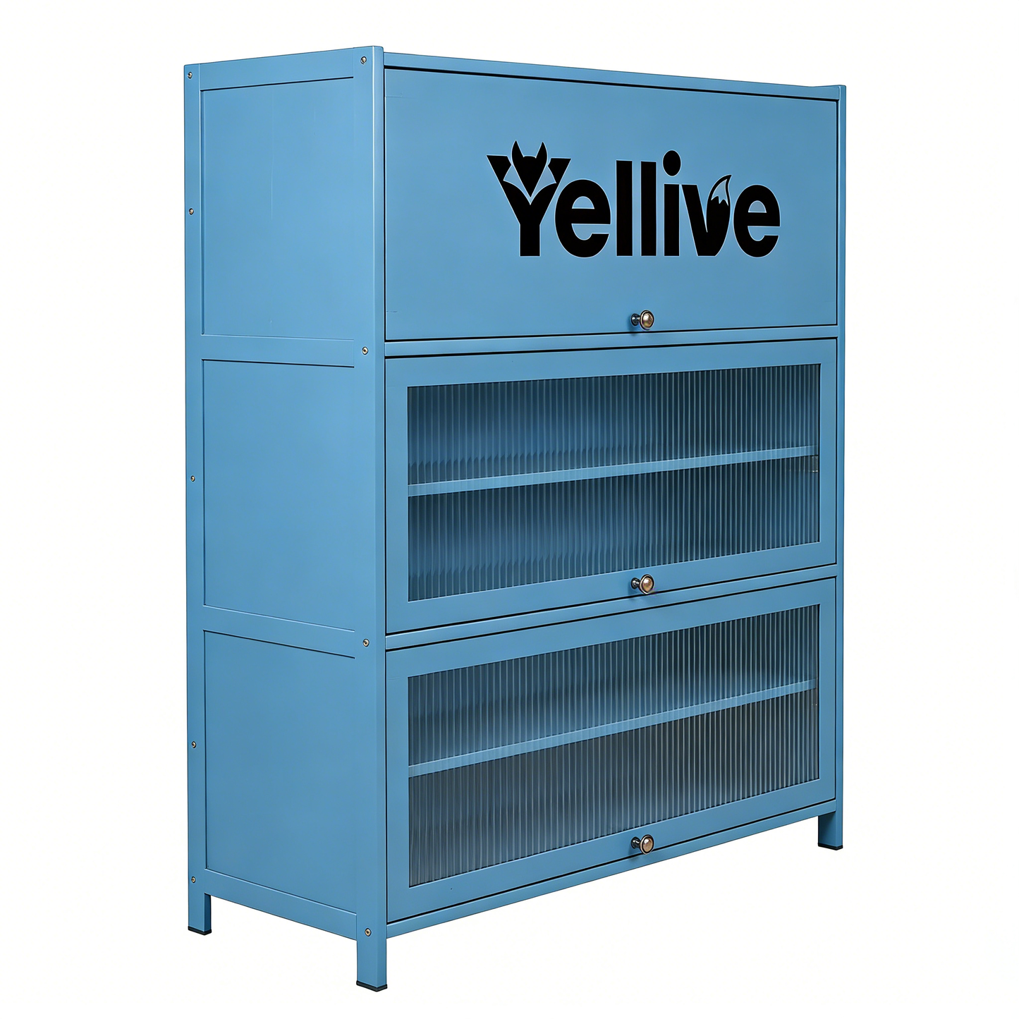 Yellive 3-Tier Fluted Glass Flip Shoe Cabinet, Large Capacity Dustproof Shoe Rack, Entryway Storage Cabinet, Blue Modern Freestanding Shoe Organizer