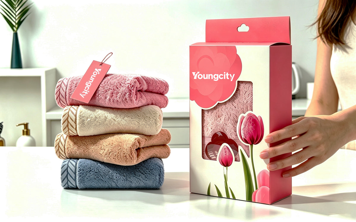 Youngcity Coral Velvet Jacquard Towels Set, 4 Pack Premium Face Towels Gift Box, Ultra Absorbent Quick Dry Soft Plush Towels for Bathroom, Household & Holiday Gifting