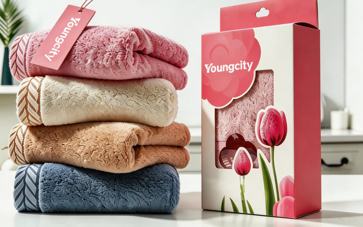Youngcity Coral Velvet Jacquard Towels Set, 4 Pack Premium Face Towels Gift Box, Ultra Absorbent Quick Dry Soft Plush Towels for Bathroom, Household & Holiday Gifting