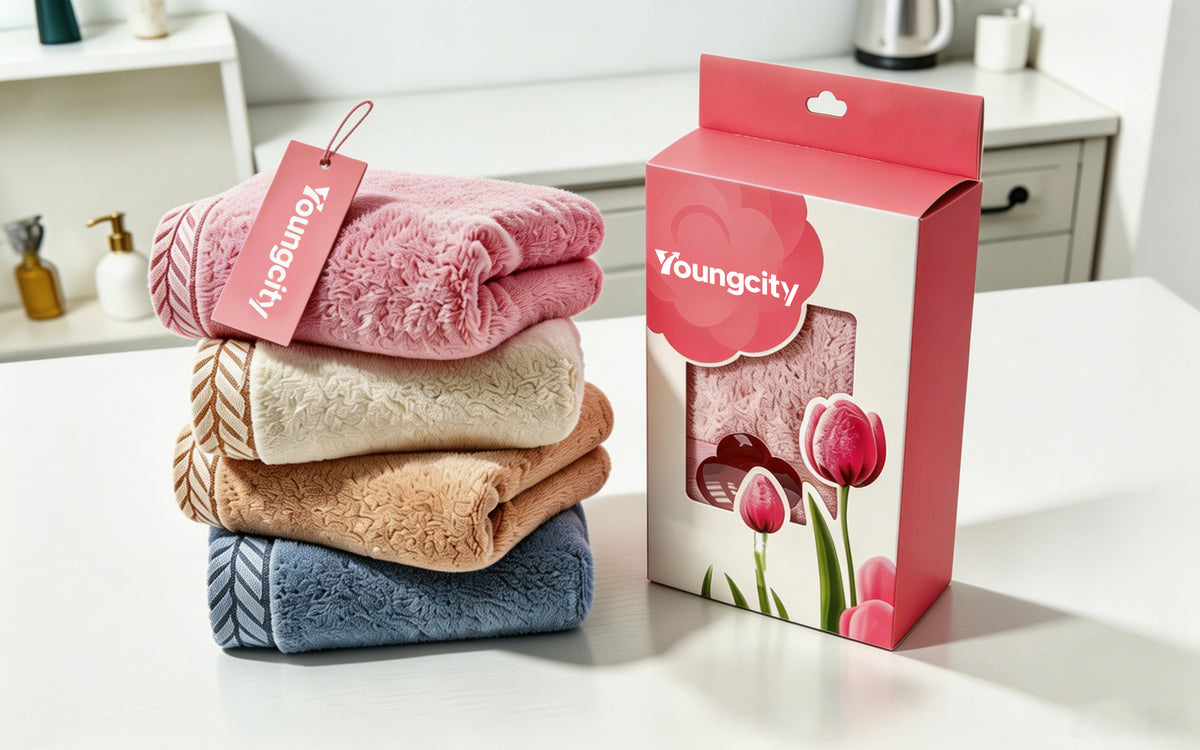 Youngcity Coral Velvet Jacquard Towels Set, 4 Pack Premium Face Towels Gift Box, Ultra Absorbent Quick Dry Soft Plush Towels for Bathroom, Household & Holiday Gifting