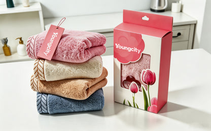 Youngcity Coral Velvet Jacquard Towels Set, 4 Pack Premium Face Towels Gift Box, Ultra Absorbent Quick Dry Soft Plush Towels for Bathroom, Household & Holiday Gifting