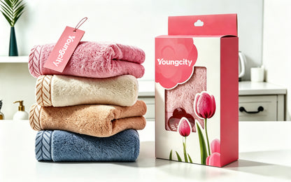 Youngcity Coral Velvet Jacquard Towels Set, 4 Pack Premium Face Towels Gift Box, Ultra Absorbent Quick Dry Soft Plush Towels for Bathroom, Household & Holiday Gifting