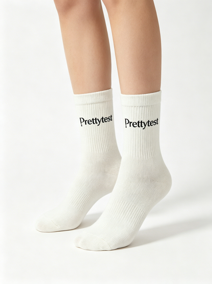 Prettytest Women’s Classic White Crew Socks, Soft Cotton Ribbed Mid Calf Athletic Casual Socks, 5 Pairs Multipack
