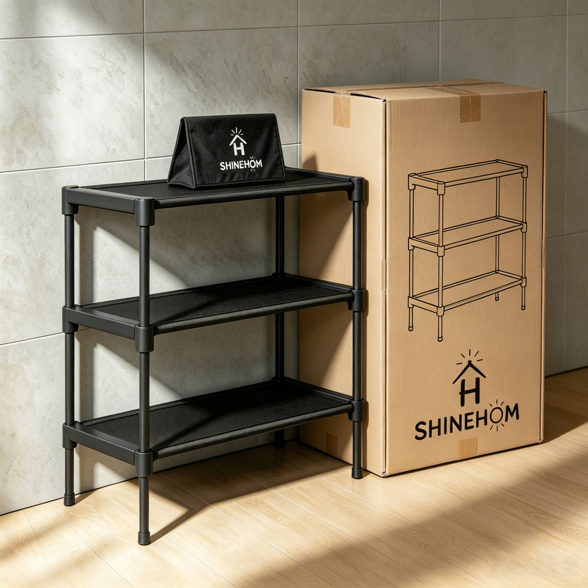 H SHINEHOM 3 Tier Shoe Rack, Metal Frame Fabric Mesh Shoe Racks for Entryway, Tool Free Assembly Shoe Storage Organizer for Hallway Closet Home