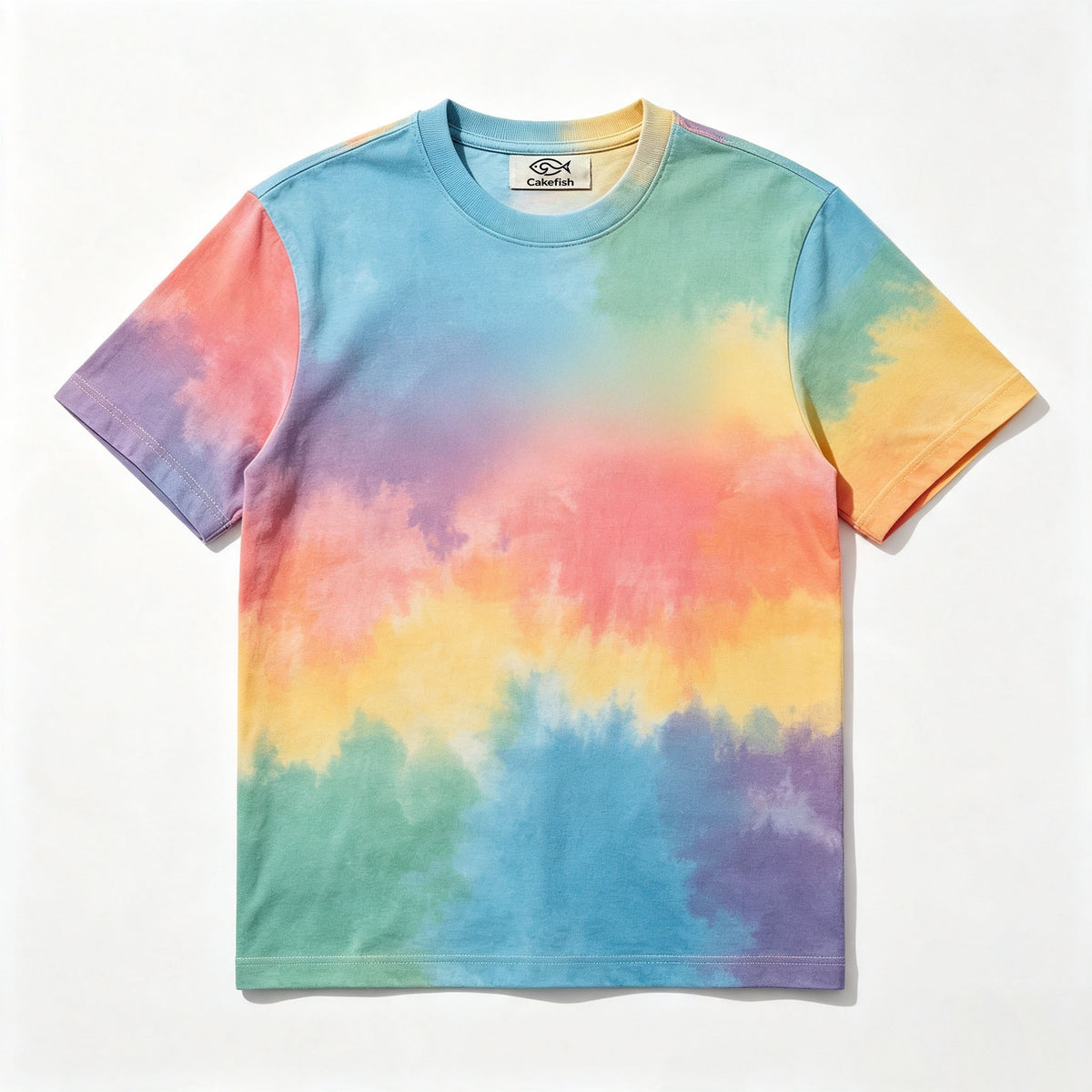 Cakefish Tie‑Dye Short Sleeve T‑Shirt, Rainbow Gradient Casual Crew Neck Tee, Soft Cotton Summer Tops for Men Women Unisex