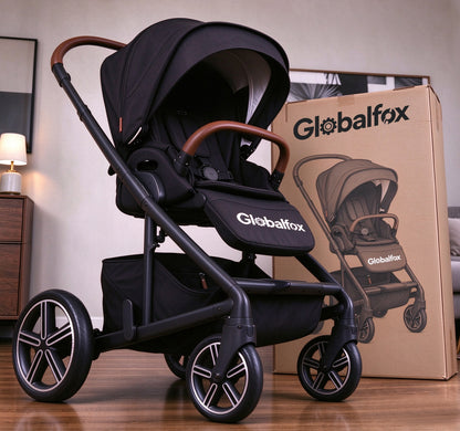 Globalfox Baby Stroller, Reversible Seat Toddler Stroller with Large Storage Basket, Adjustable Canopy & 5-Point Harness, All-Terrain Baby Carriage for Newborn & Infant