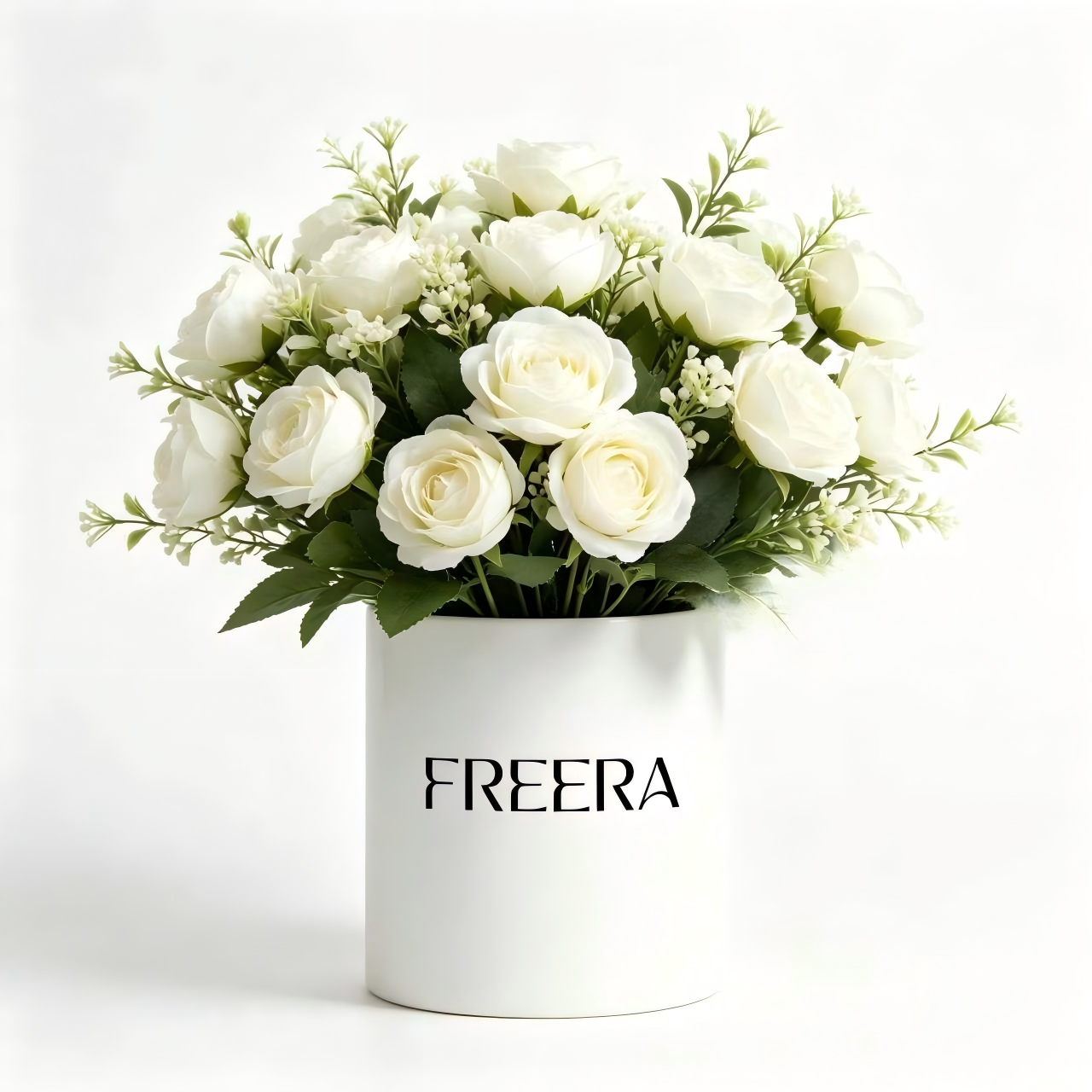 FREERA Artificial White Rose Flowers with Vase, Fake Rose Bouquet, Nordic Style Decorative Centerpiece for Home, Kitchen, Office