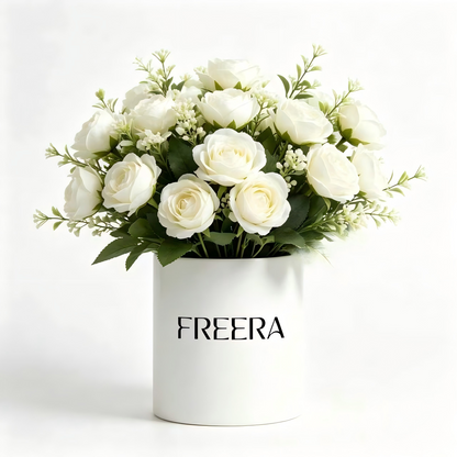 FREERA Artificial White Rose Flowers with Vase, Fake Rose Bouquet, Nordic Style Decorative Centerpiece for Home, Kitchen, Office