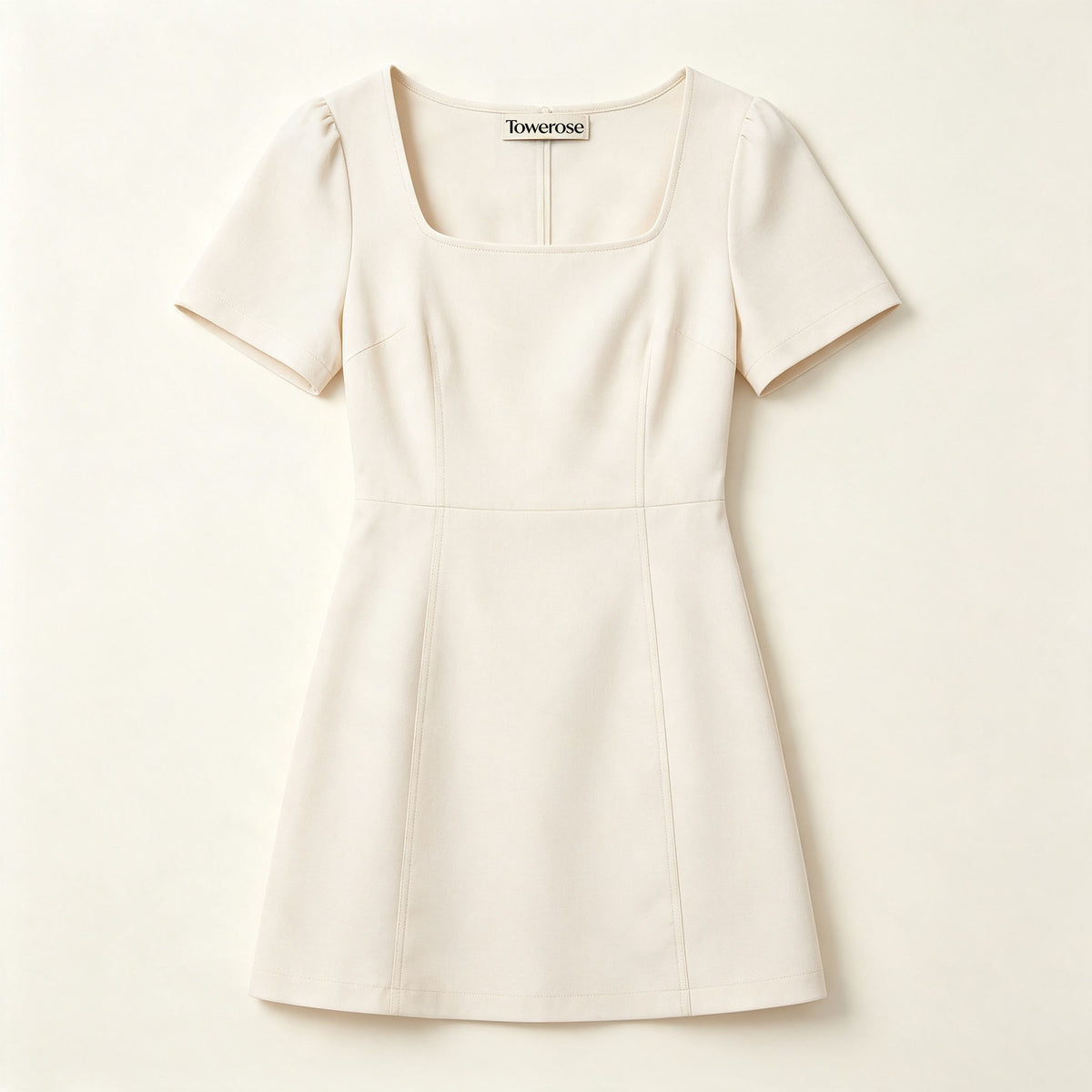 Towerose Square Neck Short‑Puff Sleeve Mini Dress, Elegant Solid Cream‑White Bodycon Short Dress, Casual Business Party Slim‑Fit A‑Line Dresses For Women