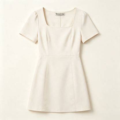 Towerose Square Neck Short‑Puff Sleeve Mini Dress, Elegant Solid Cream‑White Bodycon Short Dress, Casual Business Party Slim‑Fit A‑Line Dresses For Women