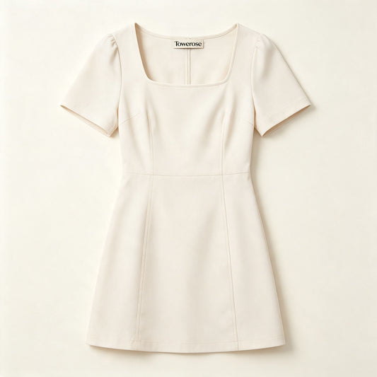 Towerose Square Neck Short‑Puff Sleeve Mini Dress, Elegant Solid Cream‑White Bodycon Short Dress, Casual Business Party Slim‑Fit A‑Line Dresses For Women