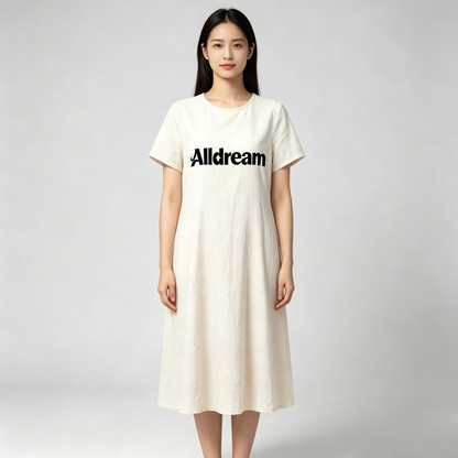 Alldream Women’s Crew Neck Short Sleeve Midi Dress, Loose Flowy Linen Blend Casual Dress, Soft Wrinkle Resistant Cream Mid Length Dress for Daily Beach Vacation Outfit