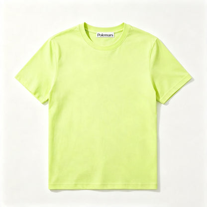 Polemars Solid Neon Lime Green Crew Neck Short Sleeve T‑Shirt, Soft Breathable Cotton Blend Unisex Casual Tee for Daily Outfits