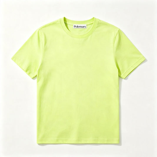 Polemars Solid Neon Lime Green Crew Neck Short Sleeve T‑Shirt, Soft Breathable Cotton Blend Unisex Casual Tee for Daily Outfits