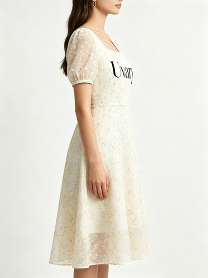 Uvary Square Neck Midi Floral Dress for Women Puff Short Sleeve Chiffon A Line Flowy Casual Wedding Guest Dresses