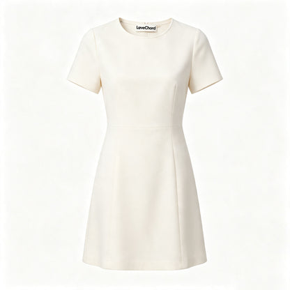 LoveChord Women's Short‑Sleeve Round Neck A‑Line Mini Dress, Elegant Solid Cream Tailored Casual Formal Short Dress
