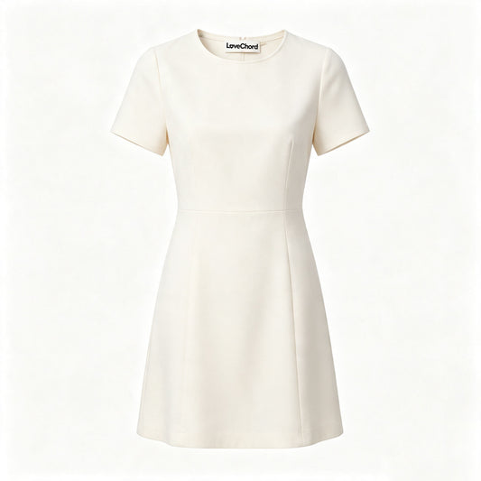 LoveChord Women's Short‑Sleeve Round Neck A‑Line Mini Dress, Elegant Solid Cream Tailored Casual Formal Short Dress