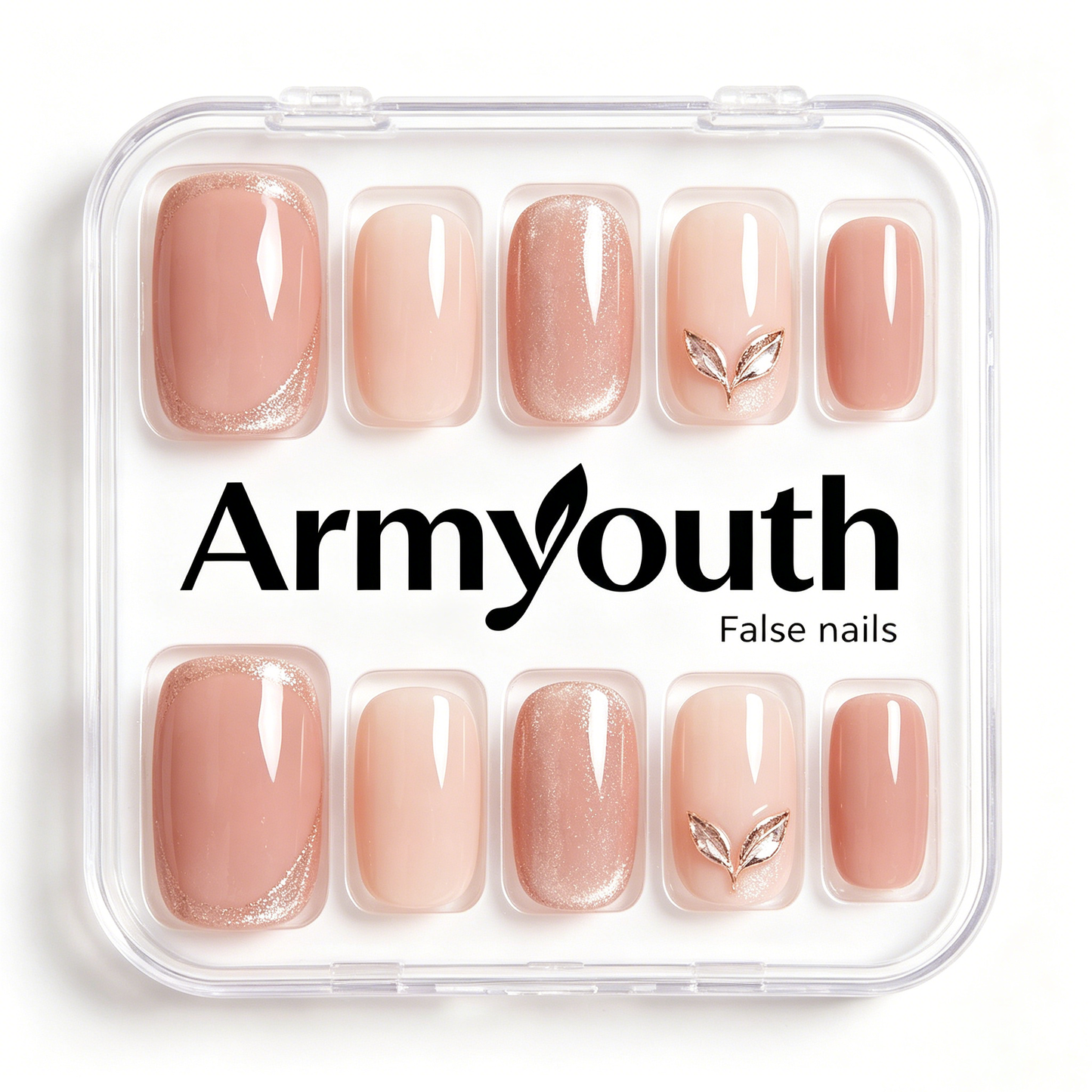 Armyouth Nude Press On Nails, Short Square Fake Nails with Gold Glitter French & 3D Leaf Decor, Reusable Glossy Stick On Nails, Natural False Nails for Daily Wear