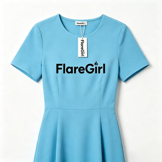 FlareGirl Round Neck A-Line Mini Dress, Soft Stretch Short Sleeve Flared Skater Dress, Elegant Sky Blue Casual Work Party Above Knee Dress