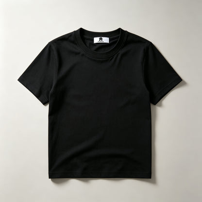 AndHorse Solid Black Crop T‑Shirt, Classic Crew Neck Casual Short Sleeve Top