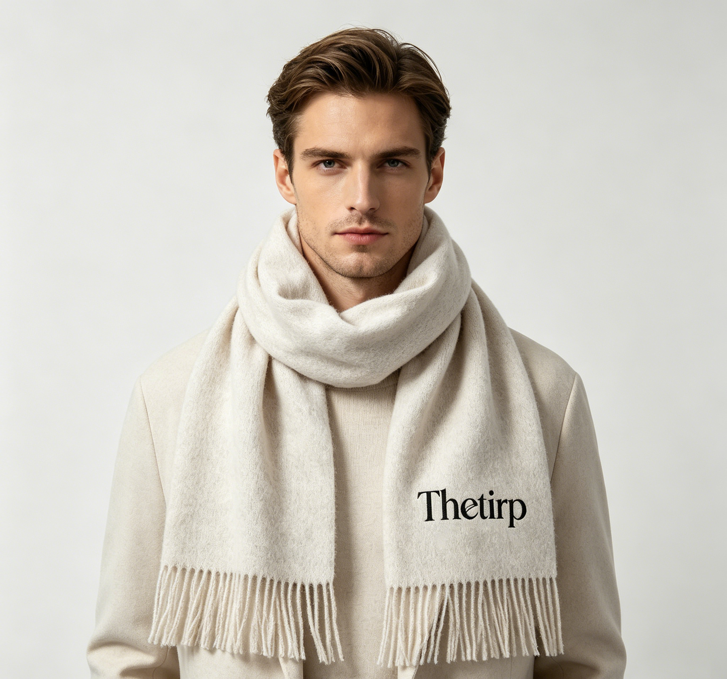 Thetirp Unisex Soft Cashmere Feel Fringe Scarf, Warm Winter Solid Color Long Wrap Shawl, Neutral Beige Fashion Neck Scarves for Men Women