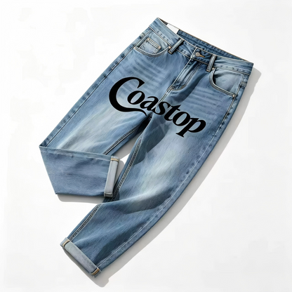 Coastop Washed Straight-Leg Jeans, Unisex Loose Wide-Leg Pants, Vintage Letter Print Casual Trousers for Men Women