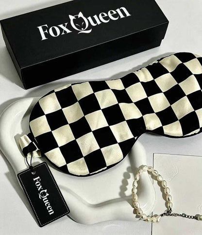 FoxQueen Checkered Imitation Silk Sleep Mask, Adjustable Strap Light Blocking Blindfold, Comfort Eye Cover for Nap Travel Night Sleep