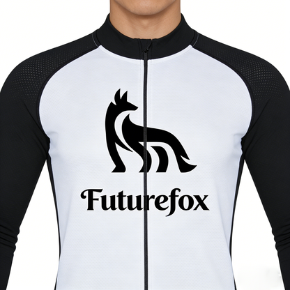 Futurefox Long Sleeve Cycling Jersey for Men Women, Black and White Color-Block Athletic Top with Full-Zip, Breathable Quick-Dry Bike Shirt with Back Pockets, Sports Cycling Wear