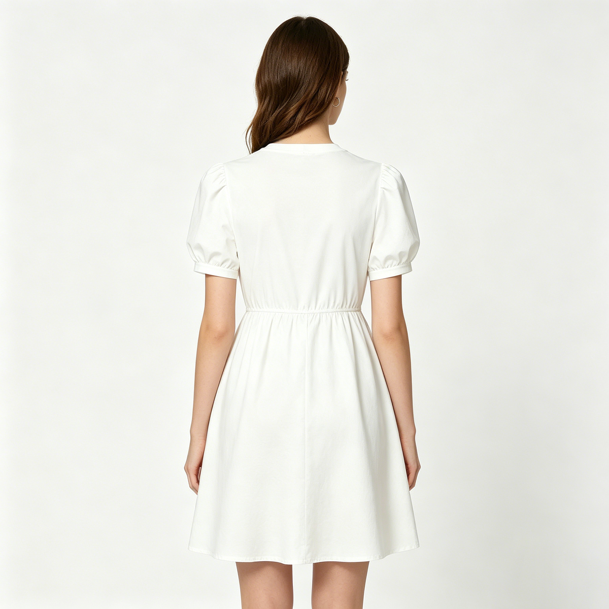 HearLove Women Puff Sleeve Mini Dress, Casual Round Neck Elastic Waist A-Line Short Tshirt Dress, Cute Summer Flowy Swing Dress for Daily Vacation