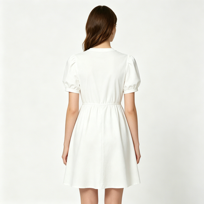 HearLove Women Puff Sleeve Mini Dress, Casual Round Neck Elastic Waist A-Line Short Tshirt Dress, Cute Summer Flowy Swing Dress for Daily Vacation