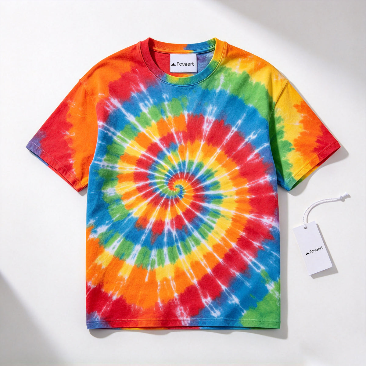 Foveart Tie-Dye Short Sleeve T-Shirt, Rainbow Spiral Pattern Crew Neck Casual Tee for Men Women