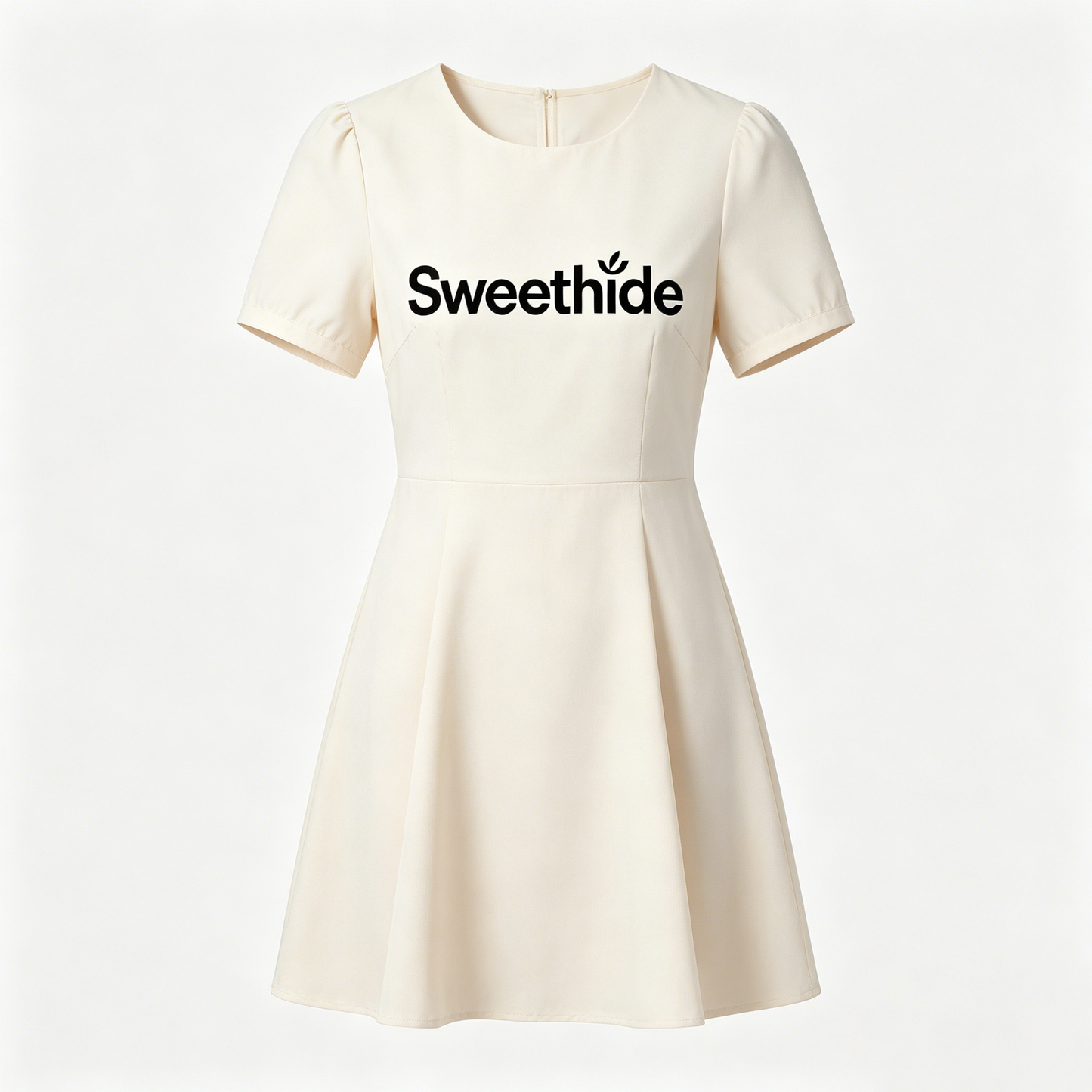 Sweethide Women's Short Sleeve A-Line Mini Dress, Casual Round Neck Fit-and-Flare Dress, Elegant Cream Flared Skater Dress for Daily & Party