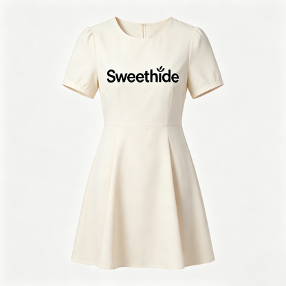 Sweethide Women's Short Sleeve A-Line Mini Dress, Casual Round Neck Fit-and-Flare Dress, Elegant Cream Flared Skater Dress for Daily & Party