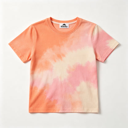 Slobaby Kids Tie Dye Short Sleeve T-Shirt, Soft Crew Neck Casual Tee, Orange Pink Cloud Gradient Summer Top for Boys Girls Daily Wear