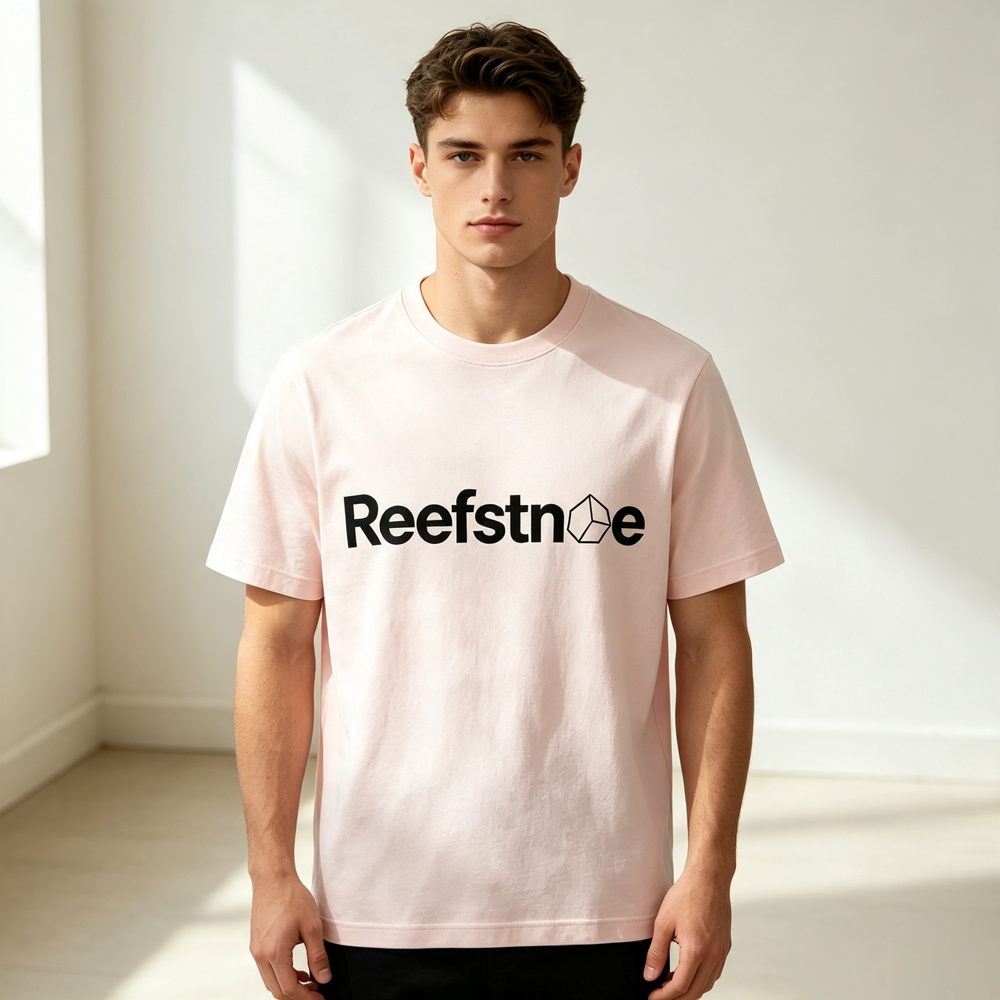 Reefstnoe Blush Pink Crew Neck Short Sleeve T-Shirt for Men, Loose Fit Soft Cotton Basic Minimalist Casual Everyday Top