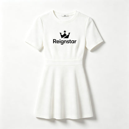 Reignstar Elegant Crew Neck Mini Dress for Women, Short‑Sleeve Waist‑Defined Flared Skater Dress Casual Outfit