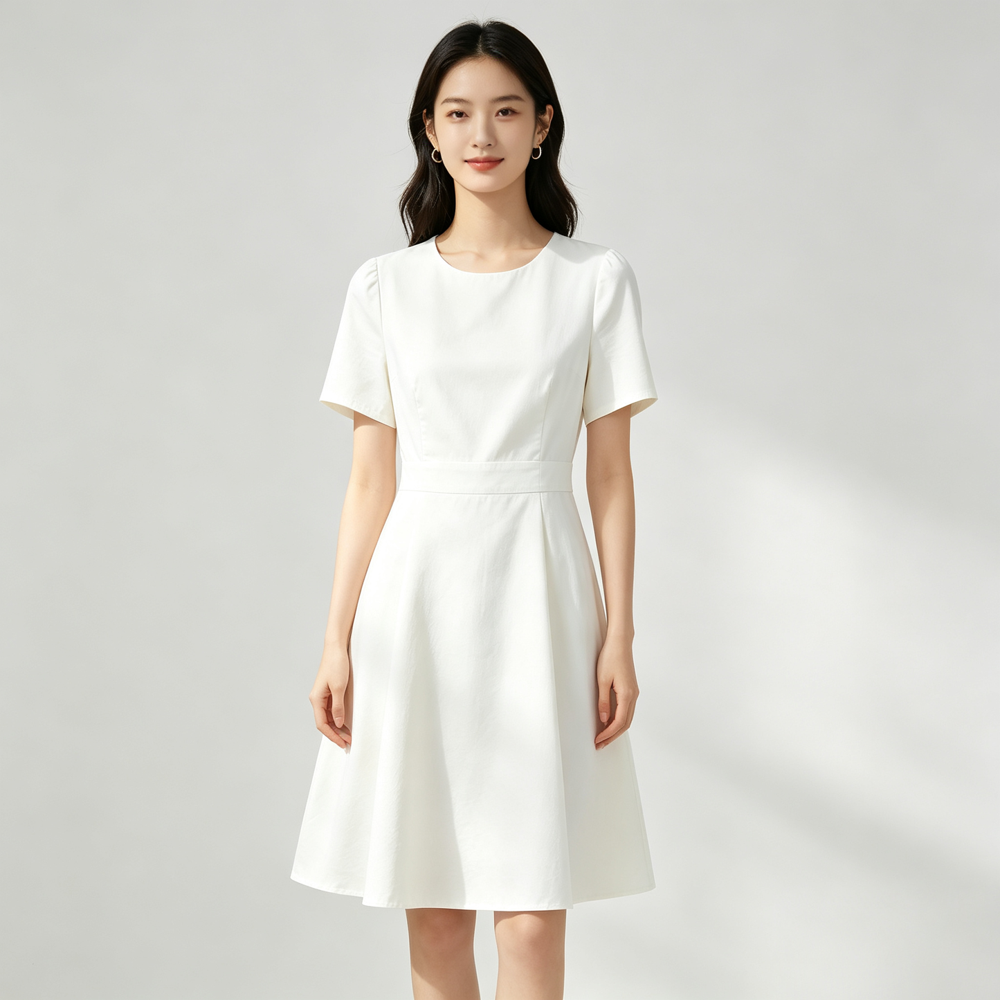 Lebeach Women White Short Sleeve A-Line Dress, Crew Neck Waist Midi Dress, Elegant Casual Office Work Flare Dress for Ladies