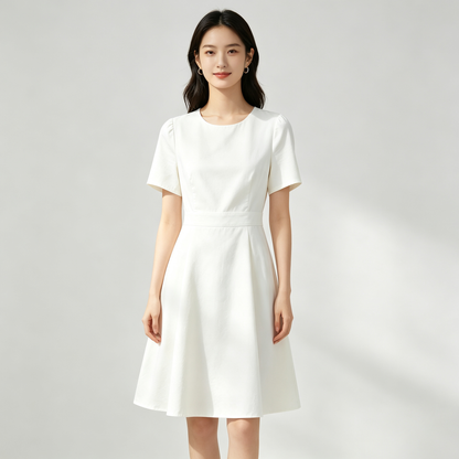 Lebeach Women White Short Sleeve A-Line Dress, Crew Neck Waist Midi Dress, Elegant Casual Office Work Flare Dress for Ladies