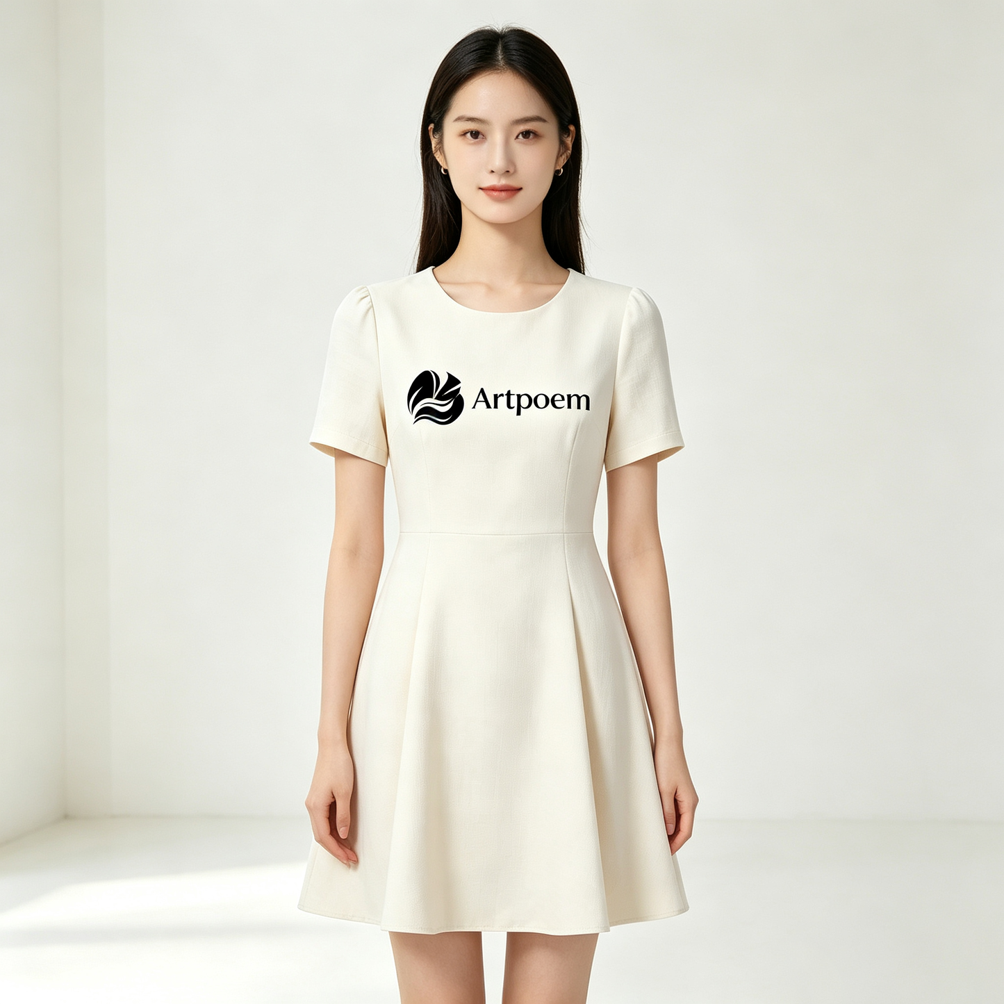 Artpoem Women Short Sleeve Round Neck A-Line Mini Dress, Elegant Work Office Flared Skater Dress, Casual Business Wedding Guest Short Cream Dress with Back Zipper