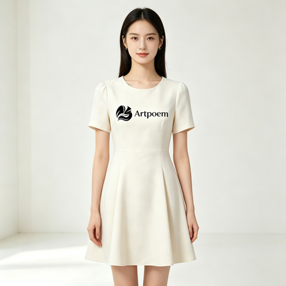 Artpoem Women Short Sleeve Round Neck A-Line Mini Dress, Elegant Work Office Flared Skater Dress, Casual Business Wedding Guest Short Cream Dress with Back Zipper