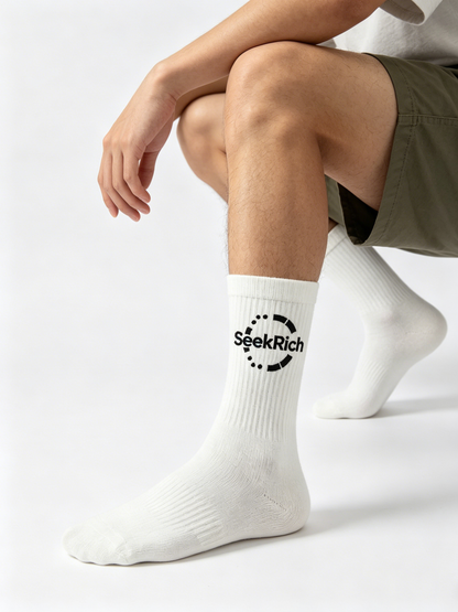 SeekRich Crew Socks for Men Women - Classic White Cotton Mid-Calf Socks with Black Logo Print, Breathable Casual Streetwear Socks for Everyday Wear