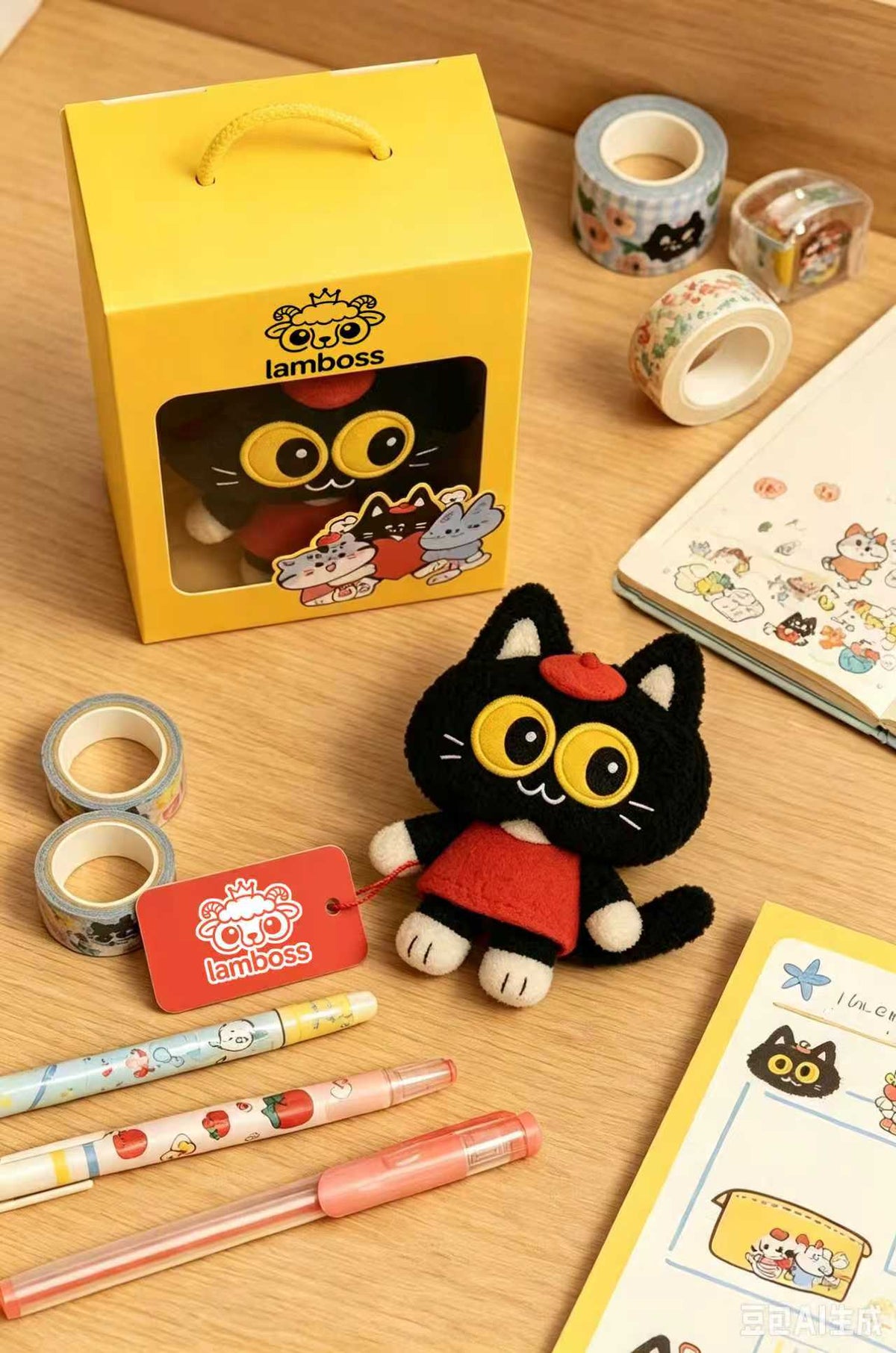 lamboss Cute Black Cat Plush Toy, Soft Stuffed Animal Plush Toy with Gift Box, Kawaii Cartoon Kitty Plush Figure, Lovely Cat Plush Toy Gift for Kids, Birthday Decor