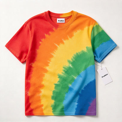 Fruitlion Rainbow Tie-Dye Short Sleeve T-Shirt, Crew Neck Unisex Casual Summer Tee