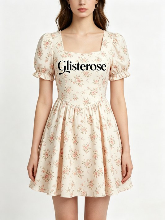 Glisterose Vintage Floral Mini Dress, Square Neck Ruffle Puff Sleeve Flowy Summer Dress for Women Daily Vacation