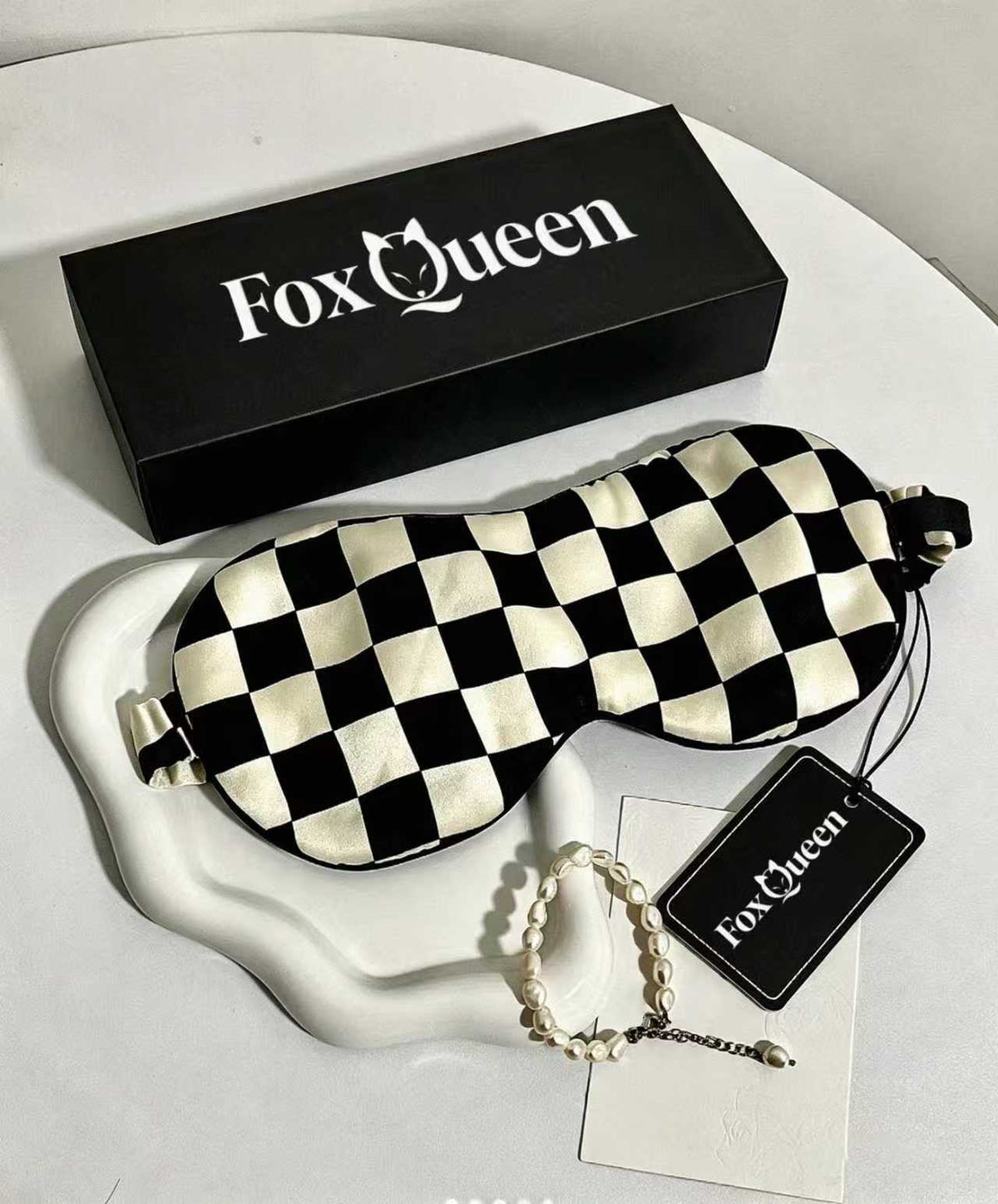 FoxQueen Checkered Imitation Silk Sleep Mask, Adjustable Strap Light Blocking Blindfold, Comfort Eye Cover for Nap Travel Night Sleep
