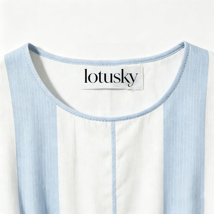 lotusky Women's Striped 3/4 Sleeve A Line Mini Dress, Round Neck Waisted Flare Short Dress for Summer Casual
