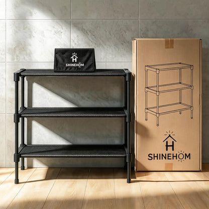 H SHINEHOM 3 Tier Shoe Rack, Metal Frame Fabric Mesh Shoe Racks for Entryway, Tool Free Assembly Shoe Storage Organizer for Hallway Closet Home