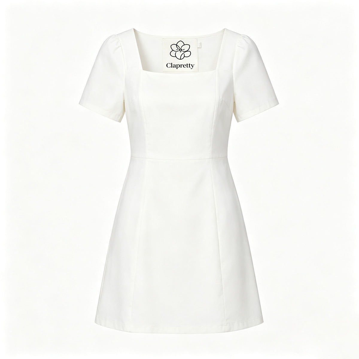Clapretty Solid White Short Sleeve Mini Dress, Elegant Square Neck Casual Party A‑Line Dress for Women
