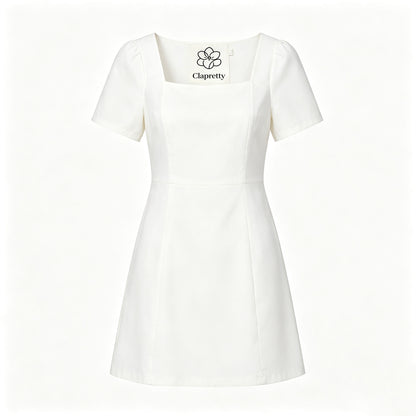 Clapretty Solid White Short Sleeve Mini Dress, Elegant Square Neck Casual Party A‑Line Dress for Women