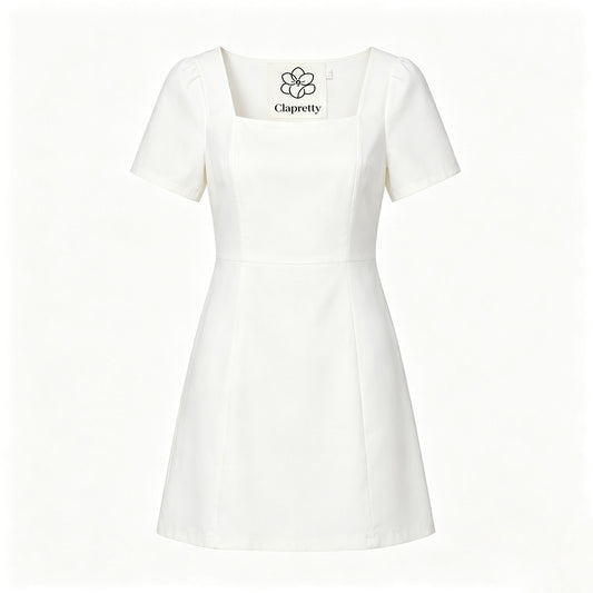 Clapretty Solid White Short Sleeve Mini Dress, Elegant Square Neck Casual Party A‑Line Dress for Women